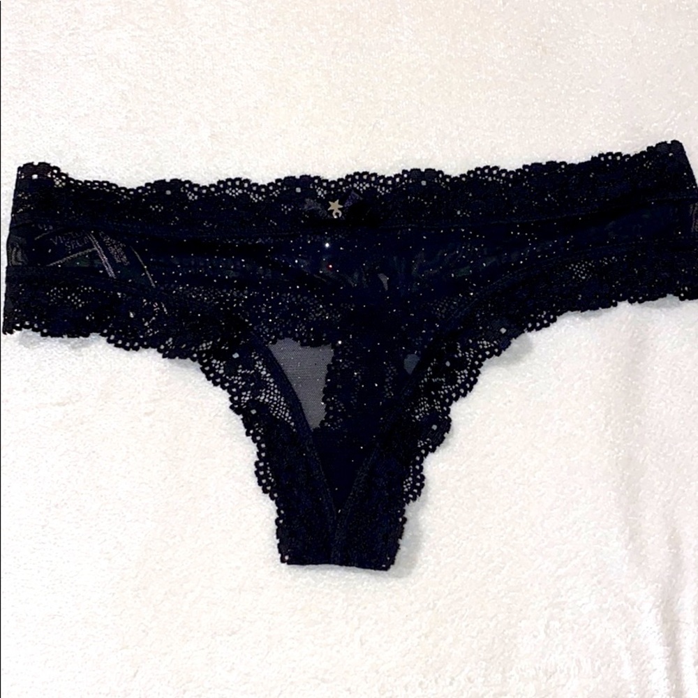 Victoria Secret‎ Shimmer Thong Lace Trim Black XS